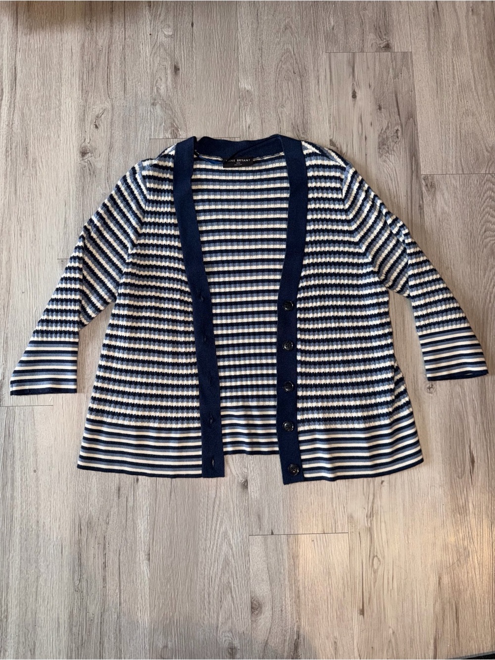 Lane Bryant Navy and White Striped Button Cardigan